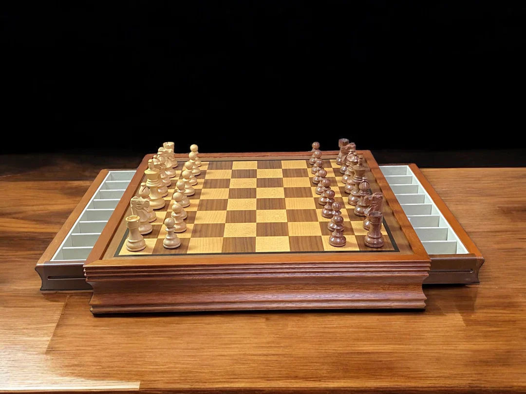 British Acacia Chess Pieces & Mahogany Drawer Chess Board -  CHESSMAZE STORE UK